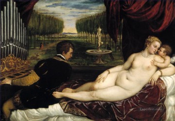 Titian Painting - Venus with Organist and Cupid nude Tiziano Titian